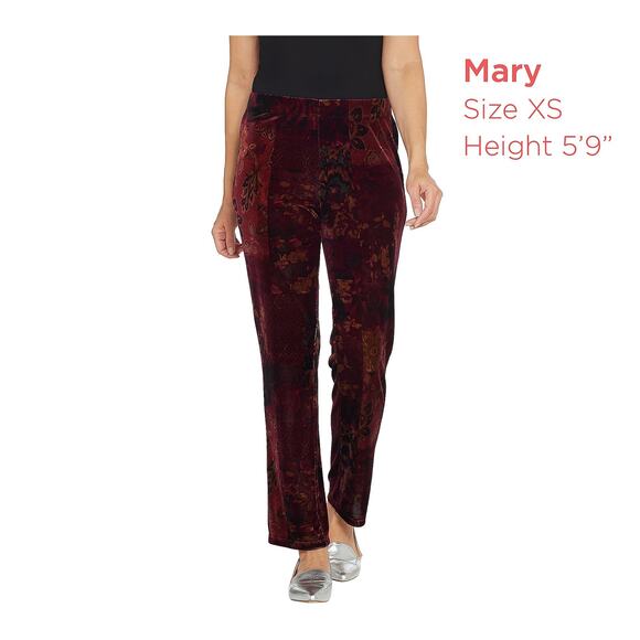 Susan Graver Printed Stretch Velvet Pull-On Pants Berry Amber XS New - Picture 8 of 8